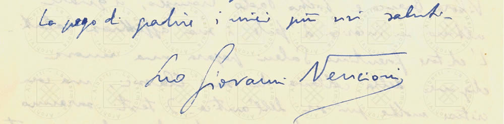 Su Alessandro Manzoni, da Lettera di Giovanni Nencioni ad Alberti, Firenze, 4 Agosto 1953, firma
